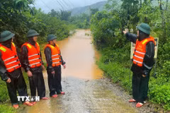 Cán bộ, chiến sỹ Bộ đội Biên phòng Quảng Trị triển khai lực lượng kiểm tra, cảnh báo khu vực ngập lụt, đảm bảo an toàn cho người dân và phương tiện trên địa bàn biên giới. (Ảnh: TTXVN phát)