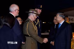 Quan chức Australia đón Tổng Bí thư, Chủ tịch nước Tô Lâm tại sân bay quốc tế Sydney Kingsford Smith. (Ảnh: Thống Nhất/TTXVN)