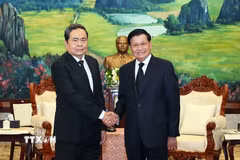 Chủ tịch Quốc hội Trần Thanh Mẫn hội kiến Tổng Bí thư, Chủ tịch nước Lào Thongloun Sisoulith. (Ảnh: Doãn Tấn/TTXVN)
