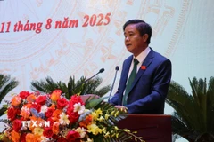 Bí thư Đảng ủy phường Sa Pa Phan Đăng Toàn phát biểu tại Đại hội. (Ảnh: Tuấn Khôi/TTXVN)