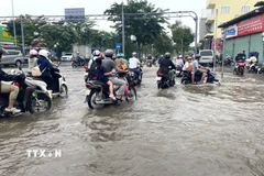 Nhiều phương tiện di chuyển khó khăn do triều cường trên đường Nguyễn Lương Bằng, Thành phố Hồ Chí Minh ngày 6/11. (Ảnh: Hương Giang/TTXVN)