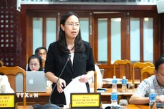 Bà Nguyễn Thị Thu Hương, Bí thư Đảng ủy xã Cầu Khởi, tỉnh Tây Ninh báo cáo về công tác xây dựng văn kiện Đại hội Đảng bộ xã. (Ảnh: Minh Phú/TTXVN)