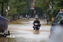 Phương tiện giao thông khó khăn di chuyển trên đoạn đường Phan Châu Trinh. (Ảnh: Văn Dũng/TTXVN)