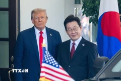 Tổng thống Mỹ Donald Trump (trái) và Tổng thống Hàn Quốc Lee Jae Myung tại cuộc gặp ở Nhà Trắng, Washington DC., Mỹ, ngày 25/8/2025. (Ảnh: THX/TTXVN)