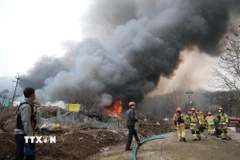 Hiện trường đám cháy tại làng Guryong, quận Gangnam, Hàn Quốc sáng 16/1/2026. (Ảnh: Yonhap/TTXVN)