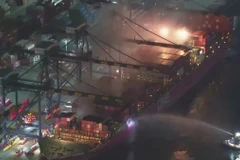 Hiện trường vụ cháy trên tàu container ở cảng San Pedro (Nguồn: Reuters)