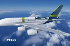Hình ảnh đồ hoạ máy bay Airbus ZEROe, một ý tưởng cho máy bay Airbus A380 có động cơ sử dụng pin nhiên liệu hydro. (Ảnh: CNN/TTXVN)