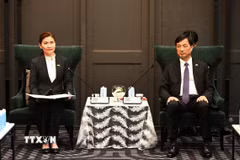 Đồng chí Nguyễn Duy Ngọc (phải) và Phó Giáo sư-Tiến sỹ Chaowaree Adthalungrong, Giám đốc điều hành Trung tâm Kỹ thuật Di truyền và Công nghệ Sinh học Quốc gia (BIOTEC) của Thái Lan. (Ảnh: TTXVN phát)