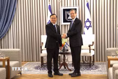 Đại sứ Việt Nam tại Israel Nguyễn Kỳ Sơn tại lễ trình Thư ủy nhiệm lên Tổng thống Israel Isaac Herzog. (Ảnh: Thanh Bình/TTXVN)