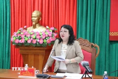 Bà Cao Thị Hòa An, Ủy viên BCH Trung ương Đảng, Phó Bí thư Thường trực Tỉnh ủy, Chủ tịch HĐND tỉnh, Chủ tịch Ủy ban Bầu cử tỉnh Đắk Lắk, phát biểu tại cuộc họp. (Ảnh: Nguyên Dung/TTXVN)