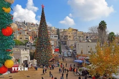 Cây thông Noel bên ngoài Nhà thờ Truyền Tin Chính thống Hy Lạp ở Nazareth. (Ảnh: TTXVN phát)