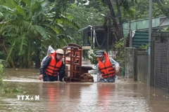 Di dời tài sản của người dân đến nơi an toàn. (Ảnh: TTTXVN phát)