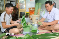 Để vơi bớt nỗi nhớ quê, anh Đại cùng bạn bè quê Hà Tĩnh đang sinh sống, lập nghiệp tại khu vực phường Mỹ Thới (tỉnh An Giang) tổ chức gói bánh chưng để tìm lại vị Tết quê. (Ảnh: Công Mạo/TTXVN)