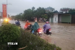 Ngập úng sau mưa lớn ở phường Vĩnh Phúc, Phú Thọ. (Ảnh: Hoàng Hùng/TTXVN)