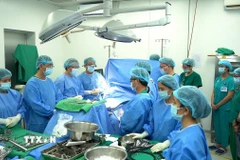 Các y bác sỹ mặc niệm tri ân người hiến tạng trước khi tiến hành lấy tạng. (Ảnh: TTXVN phát)