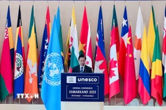 Thứ trưởng Bộ Ngoại Giao Ngô Lê Văn phát biểu chính sách tại Phiên toàn thể Kỳ họp Đại hội đồng UNESCO lần thứ 43. (Ảnh: TTXVN phát)