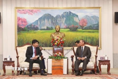 Thường trực Ban Bí thư Lào Vilay Lakhamphong (phải) tiếp Thứ trưởng Bộ ngoại giao Nguyễn Mạnh Cường. (Ảnh: Xuân Tú/TTXVN)