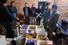 Cơ quan chức năng khám xét nơi cất giữ pháo nổ của đối tượng Phong. (Ảnh: TTXVN phát)