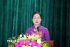 Bí thư Đảng ủy xã Yên Định Chu Thị Toan phát biểu. (Ảnh: Danh Lam/TTXVN)