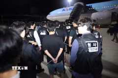 Các công dân Hàn Quốc liên quan hoạt động lừa đảo sử dụng công nghệ được bàn giao tại sân bay quốc tế ở thủ đô Phnom Penh, Vương quốc Campuchia, tối 17/10/2025. (Ảnh: AKP/TTXVN phát)