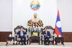 Thủ tướng Chính phủ Lào Sonexay Siphandone (phải) tiếp PGS.TS Đoàn Minh Huấn, Ủy viên Bộ Chính trị, Giám đốc Học viện Chính trị quốc gia Hồ Chí Minh đến chào xã giao. (Ảnh: Xuân Tú/TTXVN)