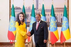 Tổng thống Selassie và đại sứ Vũ Thanh Huyền tại buổi trình quốc thư. (Ảnh: TTXVN phát)