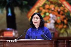 Đồng chí Bùi Thị Minh Hoài, Ủy viên Bộ Chính trị, Bí thư Trung ương Đảng, Bí thư Đảng ủy Mặt trận Tổ quốc, các đoàn thể Trung ương, Chủ tịch Ủy ban Trung ương Mặt trận Tổ quốc Việt Nam phát biểu nhận nhiệm vụ. (Ảnh: Minh Đức/TTXVN)
