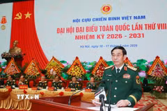 Đại tướng Phan Văn Giang, Ủy viên Bộ Chính trị, Phó Thủ tướng Chính phủ, Phó Bí thư Quân ủy Trung ương, Bộ trưởng Bộ Quốc phòng phát biểu chào mừng Đại hội. (Ảnh: Trọng Đức/TTXVN)