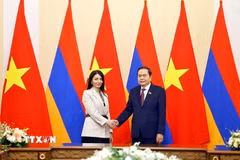 Chủ tịch Quốc hội Trần Thanh Mẫn tiếp Trưởng Nhóm nghị sỹ hữu nghị Armenia-Việt Nam Hasmik Hakobyan. (Ảnh: Doãn Tấn/TTXVN)