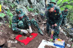 Trung tá Nguyễn Trung Kiên, Phó Chủ nhiệm Chính trị, Bộ Chỉ huy Quân sự tỉnh Hà Giang, trực tiếp chỉ đạo cất bốc 4 bộ hài cốt liệt sỹ vừa được tìm thấy tại khu vực Điểm cao 211. (Ảnh: TTXVN phát)