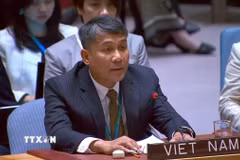 Thứ trưởng Nguyễn Minh Vũ phát biểu tại phiên họp Hội đồng Bảo an. (Ảnh: Thanh Tuấn/TTXVN)