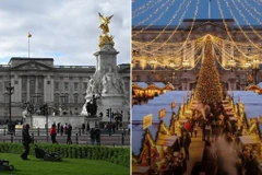 Bên ngoài Cung điện Buckingham thực tế và hình ảnh AI giả mạo chợ Giáng sinh Hoàng gia ở trước Cung điện Buckingham khiến nhiều người bị lừa. (Ảnh: Getty/Instagram)