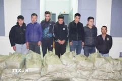 Các đối tượng vận chuyển trái phép xúc xích nhập lậu qua biên giới bị bắt giữ, tại Cơ quan biên phòng tỉnh Lạng Sơn. (Ảnh: TTXVN phát)