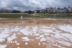 Những dải bọt trắng kéo dài, dày đặc, phủ kín đoạn sông Kỳ Cùng. (Ảnh: Quang Duy/TTXVN)