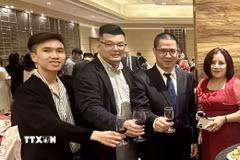 Ông Nguyễn Phạm Hoàng Nguyên (ngoài cùng, bên trái) trong sự kiện Tết cộng đồng. (Ảnh: TTXVN phát)