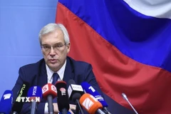 Thứ trưởng Ngoại giao Nga Alexander Grushko trong cuộc họp báo tại trụ sở NATO ở Brussel, Bỉ. (Ảnh: Kiev Post/TTXVN)