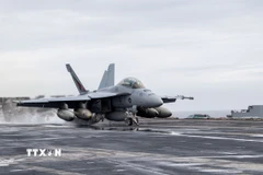 Tiêm kích Super Hornet của Mỹ tham gia cuộc tập trận chung 3 bên Freedom Edge với Nhật Bản và Hàn Quốc tại vùng biển quốc tế phía Nam đảo Jeju, ngày 28/6/2024. (Ảnh: Yonhap/TTXVN)