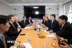 Bộ trưởng Công Thương Nguyễn Hồng Diên làm việc với ông Jeffrey Perlman – Chủ tịch Quỹ đầu tư Warburg Pincus kiêm Chủ tịch Hội đồng Kinh doanh Mỹ - ASEAN (USABC). (Ảnh: TTXVN phát)