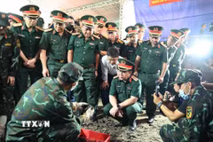 Đại tướng Nguyễn Trọng Nghĩa, Chủ nhiệm Tổng cục Chính trị Quân đội nhân dân Việt Nam trực tiếp kiểm tra công tác tìm kiếm, quy tập hài cốt liệt sỹ tại địa điểm khai quật trong công viên Lê Thị Riêng. (Ảnh: Xuân Khu/TTXVN)