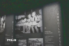 Những bức ảnh về các em nhỏ trong thảm họa bom nguyên tử được trưng bày trong Bảo tàng của Công viên Tưởng niệm hòa bình Hiroshima, Nhật Bản. (Ảnh: Xuân Giao/TTXVN)