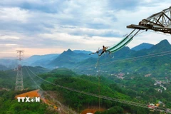 Công nhân ngành điện triển khai kéo cáp dây điện trên vị trí cột số 18,17 của dự án đường dây 500kV, thuộc xã Xuân Quang, tỉnh Lào Cai. (Ảnh: Vũ Sinh/TTXVN)