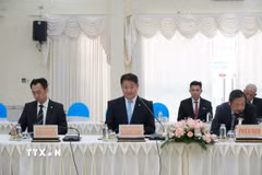 Ông Nagasaki Kotaro (giữa), Thống đốc tỉnh Yamanashi (Nhật Bản), phát biểu tại buổi làm việc. (Ảnh: Thanh Bình/TTXVN)
