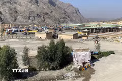 Các phương tiện mắc kẹt tại cửa khẩu biên giới Torkham giữa Pakistan và Afghanistan khi giao tranh bùng phát giữa hai bên, ngày 13/10/2025. (Ảnh: THX/TTXVN)