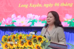 Phó Chủ tịch nước Võ Thị Ánh Xuân phát biểu tại buổi tiếp xúc cử phường Long Xuyên và xã An Châu, tỉnh An Giang. (Ảnh: Công Mạo/TTXVN)