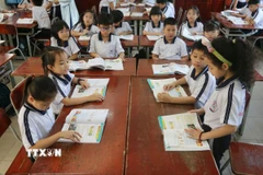 Học sinh thực hiện bài tập nhóm với nhiều cách làm đổi mới, sáng tạo. (Ảnh: Lê Xuân/TTXVN)