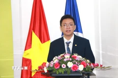 Tân Chủ tịch Hội sinh viên Việt Nam tại Ấn Độ lần thứ nhất Bùi Hoàng Long phát biểu tại Đại hội. (Ảnh: Quang Trung/TTXVN)