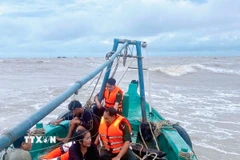 Hai ngư dân gặp nạn được tổ công tác Đồn Biên phòng Khánh Hội cứu đưa lên tàu an toàn. (Ảnh: TTXVN phát)