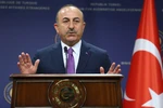 Ngoại trưởng Thổ Nhĩ Kỳ Mevlut Cavusoglu phát biểu trong cuộc họp báo tại Ankara. (Ảnh: AFP/TTXVN) 