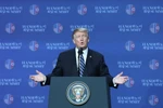 Tổng thống Mỹ Donald Trump trả lời tại buổi họp báo sau Hội nghị Thưởng đỉnh Mỹ-Triều lần 2. (Ảnh: CTV/Vietnam+)