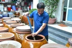 Anh Bùi Thanh Phú kiểm tra nước mắm Hương Làng Cổ Nam Ô. (Ảnh: Quốc Dũng/TTXVN)